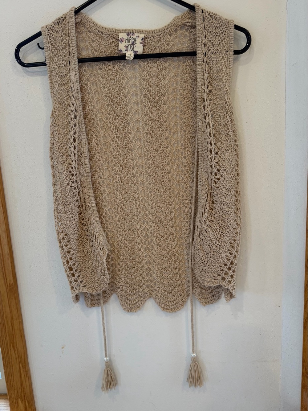 Hippie Rose Beige Crochet Open-Front Sleeveless Vest with Tassels
